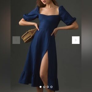 Reformation Navy Blue Midi Dress with Puff Sleeves